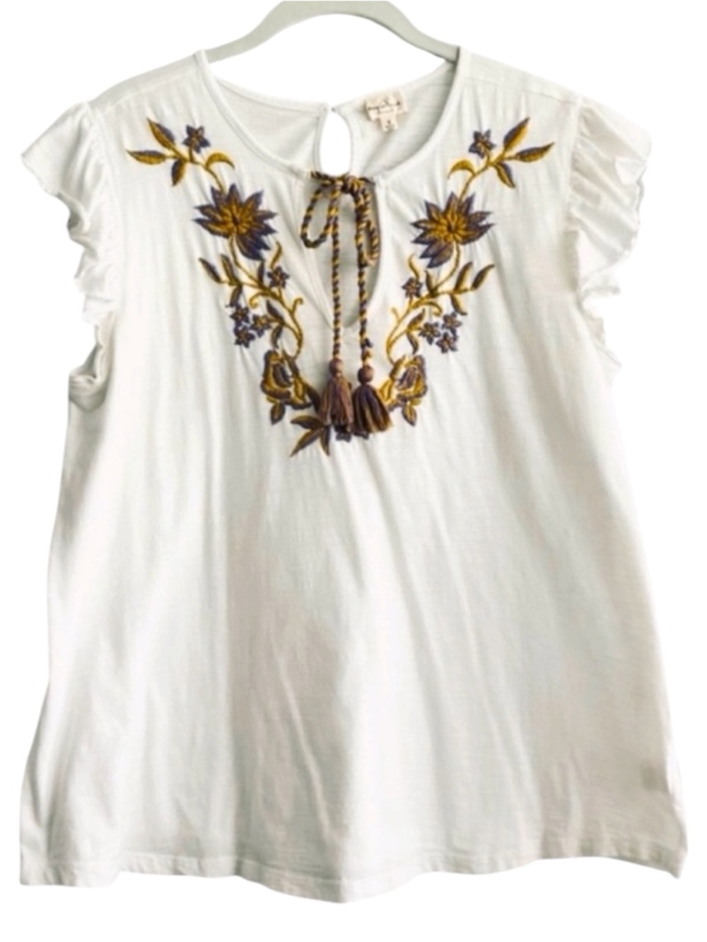 Keep in Touch Embroidered Blouse Flutter Sleeve 100% Cotton White Purple Size S